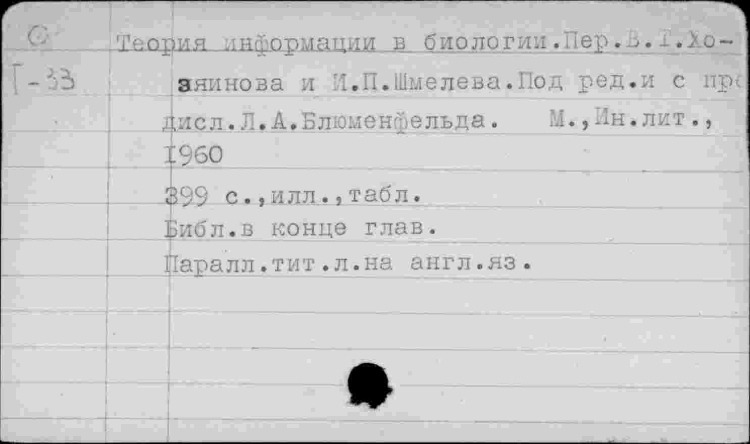 ﻿Теория информации в биологии.Пер.В.1.Хо~
Г-^	яяинова и 'I.П.Шмелева.Под ред.и с пре	
	дисл.Л.А.Блюменфельда. М.,Пн.лит.,	
		5960
		199 с., или., табл.
		Зибл.в конце глав.
		1	Таралл.тит .л.на англ.яз.
		
		
		
		
		